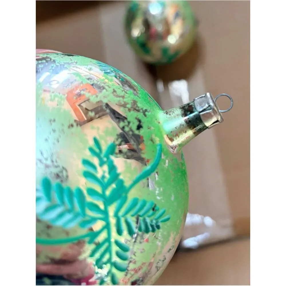 Vintage Glass Ornaments Set 2 Hand Painted Fish Mercury Style approx 4” diameter